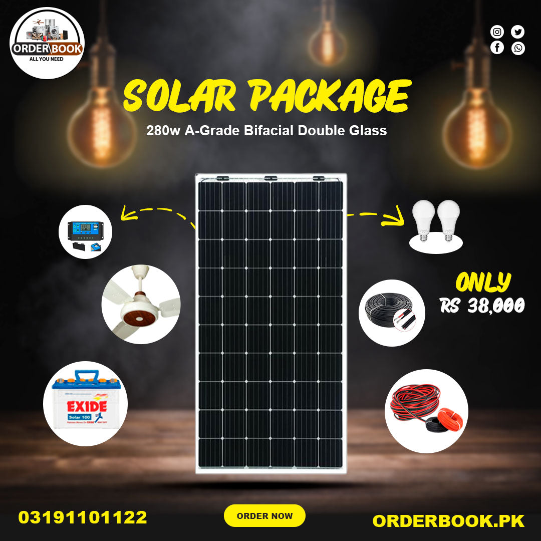 Package 12 Germany Cell 280w A-Grade Bifacial Double Glass 10 Year Brand Warranty 1 Fan Ac Dc 1 Exide Solar 100 1 Controller 20 Amp 2 light 12volt Dc 30 feet light wire 30 feet Fans wire 30 feet solar wire