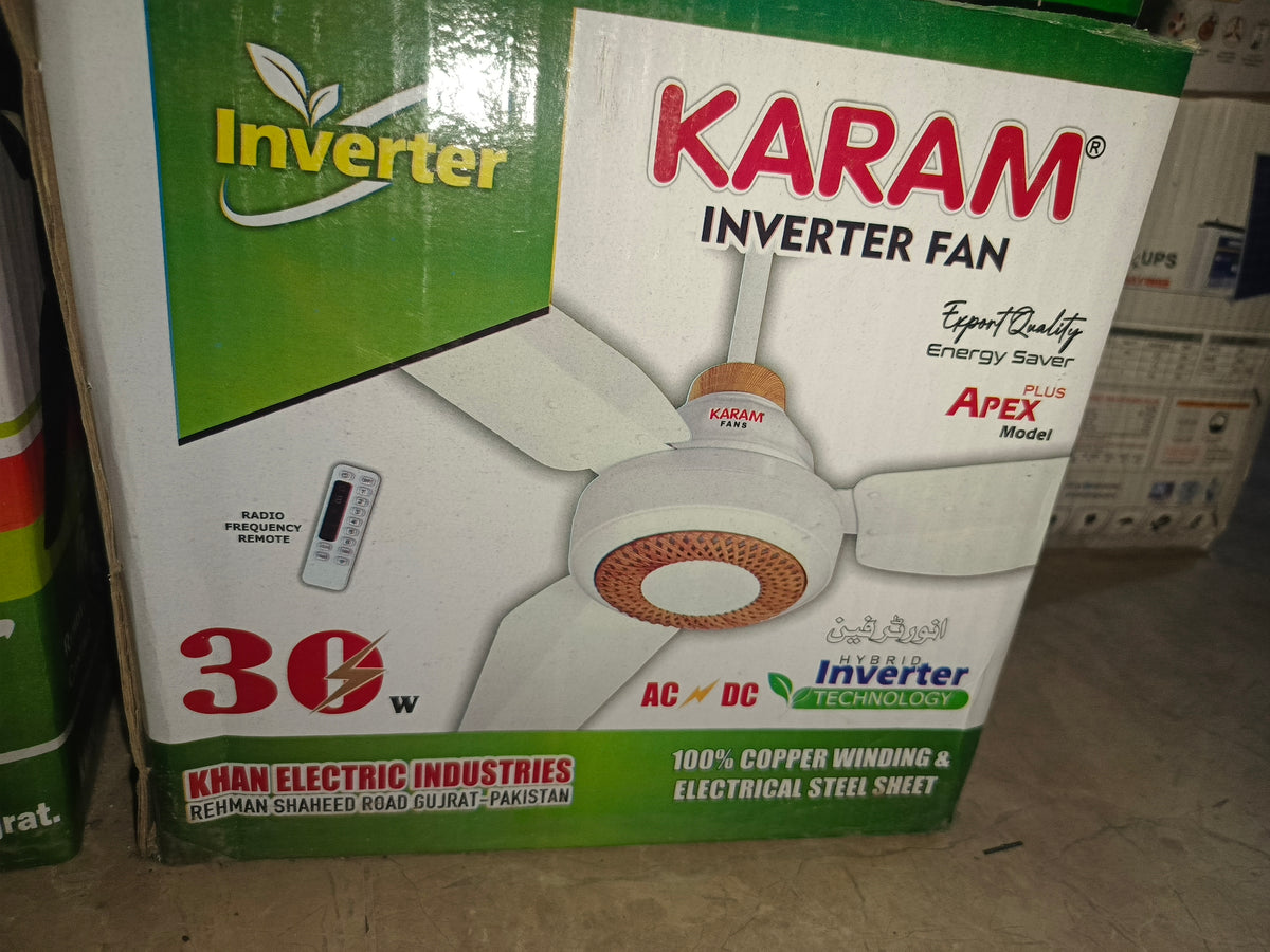 Karam Inverter Ceiling Fan | 30W AC/DC Hybrid Fan with Remote Control & 100% Copper Winding